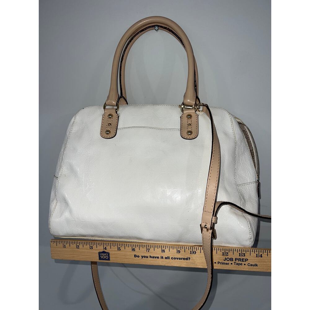 Michael Kors Monogram Cream Satchel Leather Trim Elegant Handbag - Picture 8 of 12